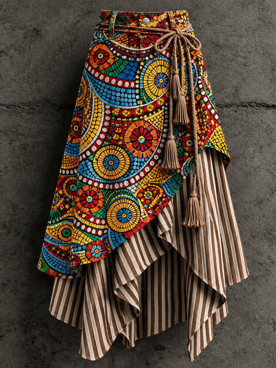 Women's Retro Style Art Print Irregularly Layered Stitched Skirt